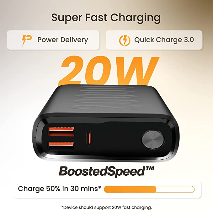 Ambrane 20000mAh Power Bank with 20W Fast Charging, Triple Output, Power Delivery, Type C Input, Made in India, Multi-Layer Protection, Li-Polymer + Type C Cable (Stylo-20k, Black) Ambrane 20000mAh Power Bank with 20W Fast Charging, Triple Output, Power Delivery, Type C Input, Made in India, Multi-Layer Protection, Li-Polymer + Type C Cable (Stylo-20k, Black)